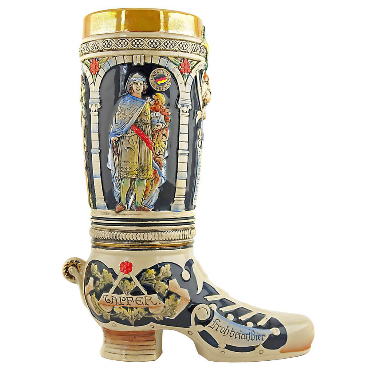 King Ceramic Beer Boot with a Knight in the Archway. The Inscription under the Knight reads: Brave, Happy with Beer