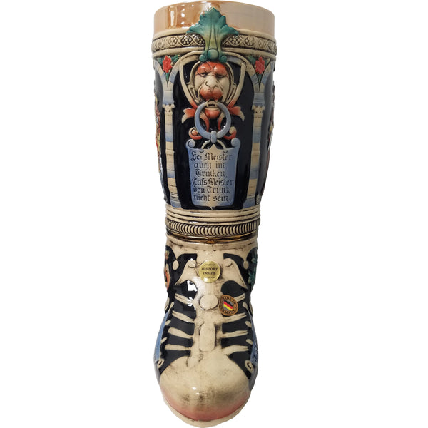  German beer boot stein (das Boot) in ivory and cobalt. "Sei Meister auch im Trinken. Laß Meister den Trunk nicht sein"- "Be a master in drinking, don't let the drink be your master."