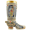 King Ceramic Beer Boot with a Knight in the Archway. The Inscription under the Knight reads: Brave, Happy with Beer