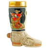 This handmade German beer boot stein in ivory and cobalt shows a traditionally dressed guitar player and behind him a woman in her traditional dress with a beer mug.