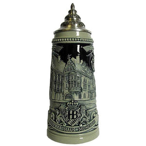 Gray-blue King beer Stein with the Hofbrauehaus in Munich, the company logo and the main ingredients for brewing beer. With a richly decorated pewter lid