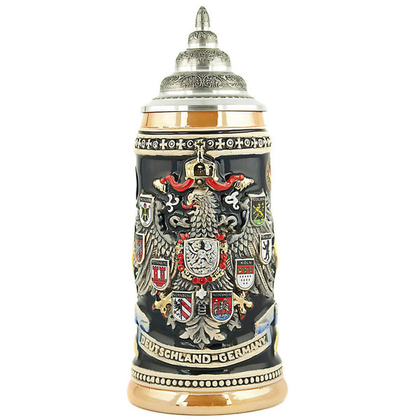 King Beer stein with German Eagle. On the wings are the coat of arms of famous cities in Germany. Underneath the Eagle is a banner with Germany. On top is a nicely decorated pewter Lid