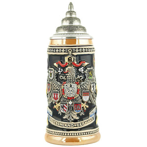 King Beer stein with German Eagle. On the wings are the coat of arms of famous cities in Germany. Underneath the Eagle is a banner with Germany.  On top is a nicely decorated pewter Lid