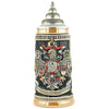 King Beer stein with German Eagle. On the wings are the coat of arms of famous cities in Germany. Underneath the Eagle is a banner with Germany.  On top is a nicely decorated pewter Lid