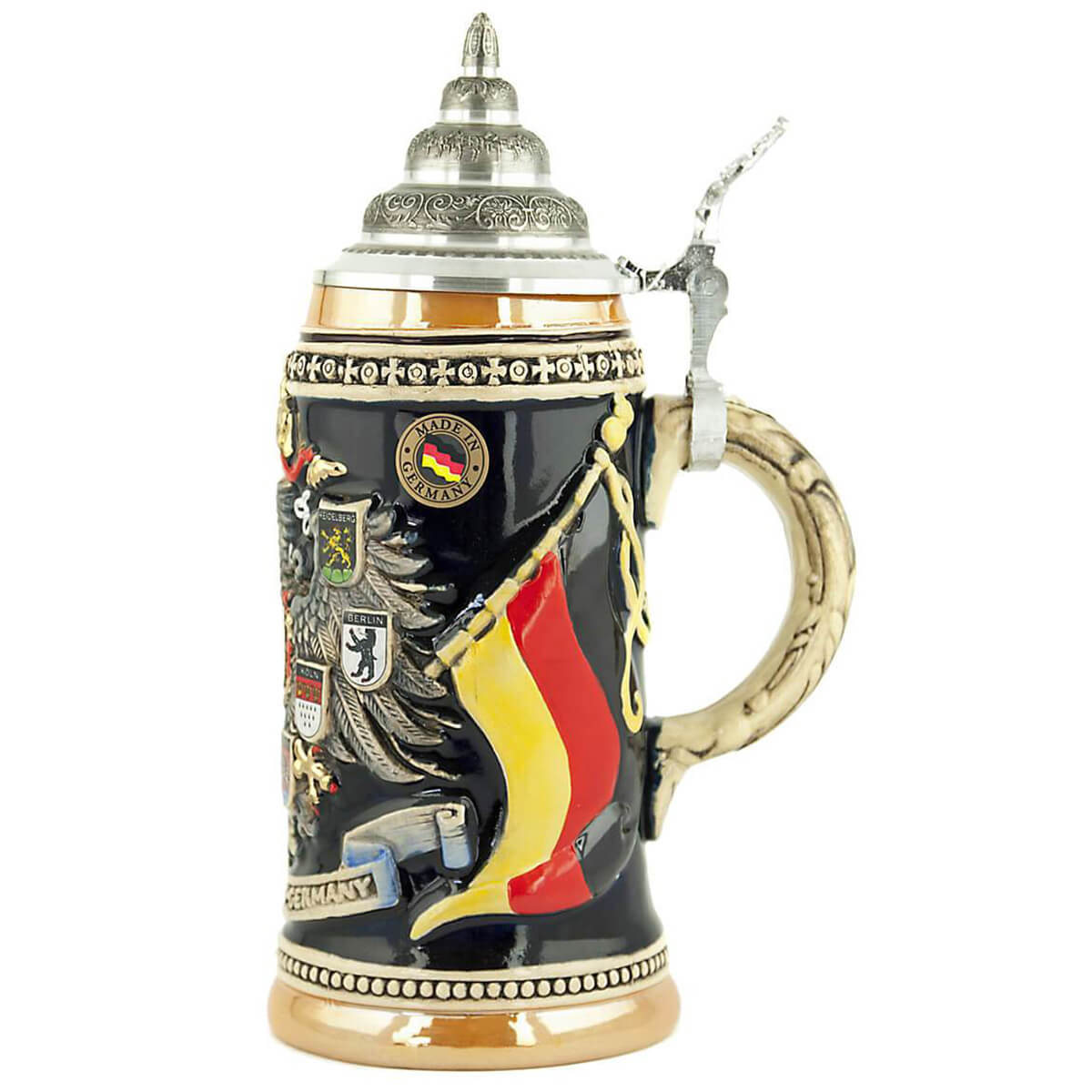 The side of a King Beer stein with a German Flag on a dark background. On this side you can see part of a wing of the German Eagle with the coat of arms from some famous German cities. 