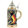 The side of a King Beer stein with a German Flag on a dark background. On this side you can see part of a wing of the German Eagle with the coat of arms from some famous German cities. 