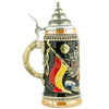 The side of a King Beer stein with a German Flag on a dark background. On this side you can see part of a wing of the German Eagle with the coat of arms from some famous German cities.