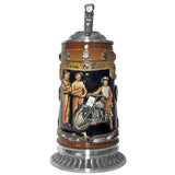 King Beer Stein with men standing around a Motorcycle. Underneath a bald eagle with outstretched wings and above the inscription "born to ride" 