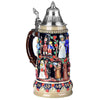 King ceramic beer stein with pewter lid. The theme is "the tree of life" where each branch shows a moment in life. A wedding, a young family walking, a young man with his diploma, and a father putting his arm around his son. Bright colors make the beer mug a piece of art.