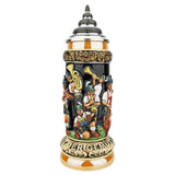 Front view of the Oktoberfest Music Relief Beer Stein by KING, displaying an Oompah band in traditional Bavarian clothes on a dark black background.