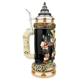Side view of the Oktoberfest Music Relief Beer Stein by KING, featuring a fiddler, a tuba player, and a handle adorned with a beer stein, pretzel, and sausage.