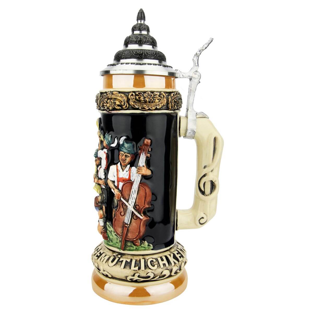 Side view of the Oktoberfest Music Relief Beer Stein by KING, featuring a musician playing an upright bass and a treble clef on the handle.