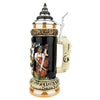 Side view of the Oktoberfest Music Relief Beer Stein by KING, featuring a musician playing an upright bass and a treble clef on the handle.