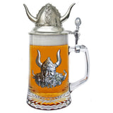 Glass Beer Mug with  the portrait of a Viking and a helmet made of pewter.
