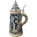 Sides of a King Beer Stein with  hops and barley and a typical Oktoberfest brewery carriage.