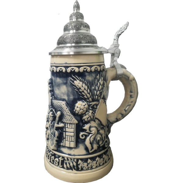 Sides of a King Beer Stein with  hops and barley and a typical Oktoberfest brewery carriage.