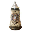 Front of King  Beer Stein with a large gray German Eagle on the front flanked by German flags. On the bottom border you can see discreetly the Coats of Arms of the German states and in the center the inscription: Germany. The stein is completed with a decorated Pewter Lid.