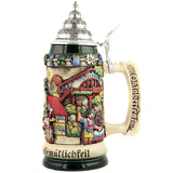 Beer stein with a brewer tapping a new keg and an Oktoberfest building in the background.