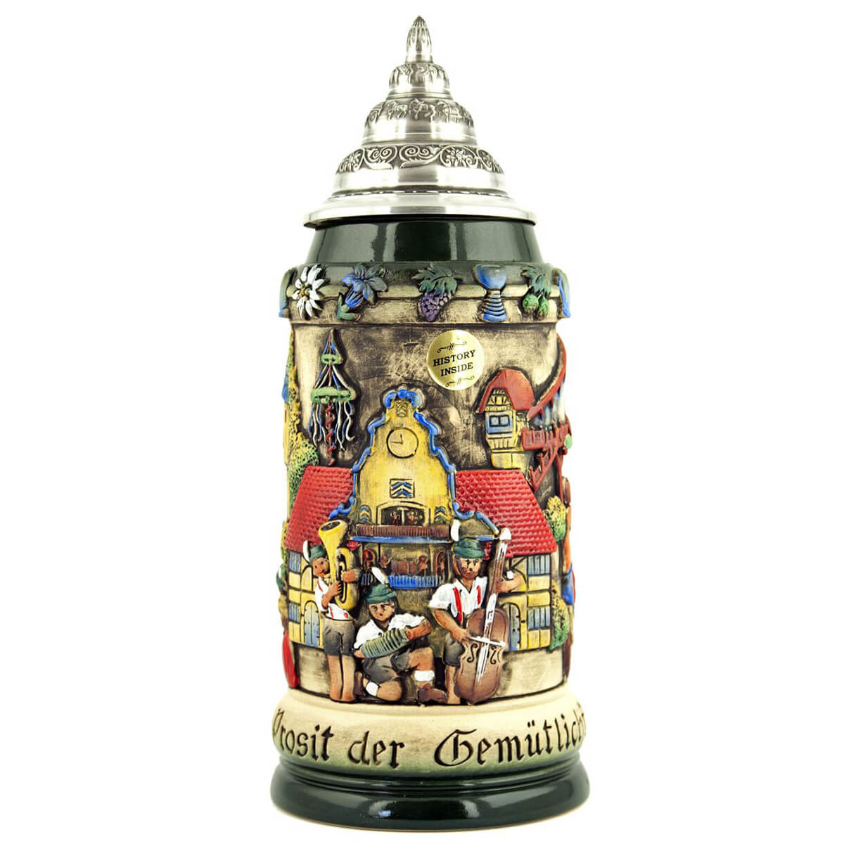King Beer stein with  a Traditional Oktoberfest Band playing music, in front of one of the Oktoberfest buildings with a festively decorated tree.