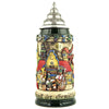 King Beer stein with  a Traditional Oktoberfest Band playing music, in front of one of the Oktoberfest buildings with a festively decorated tree.