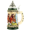 Green beer stein with pewter lid on which you see horses pulling a cart loaded with beer barrels next to the Bavarian flag