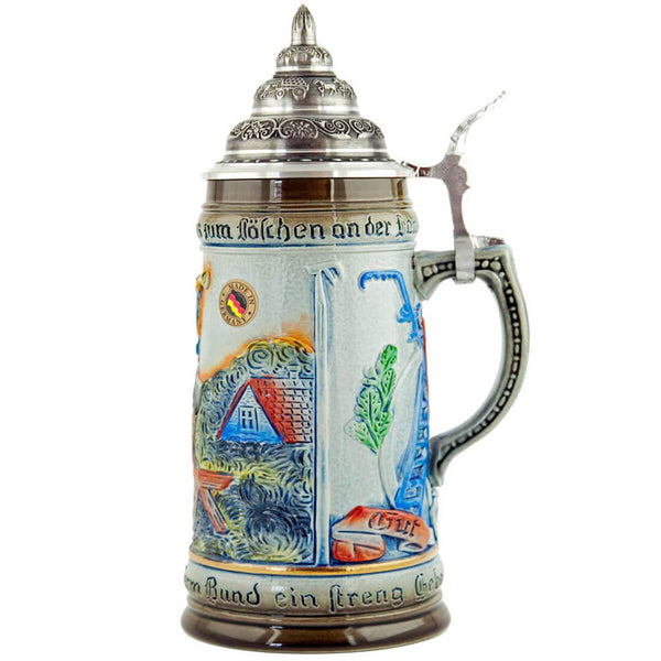KING firemen Beer Stein in light colors with a burning house on the side. 