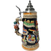 Side of a King Beer Stein with famous buildings of Frankfurt, Ruedesheim and Heidelberg and the back of a mountain climber who seems to climb up the handle.