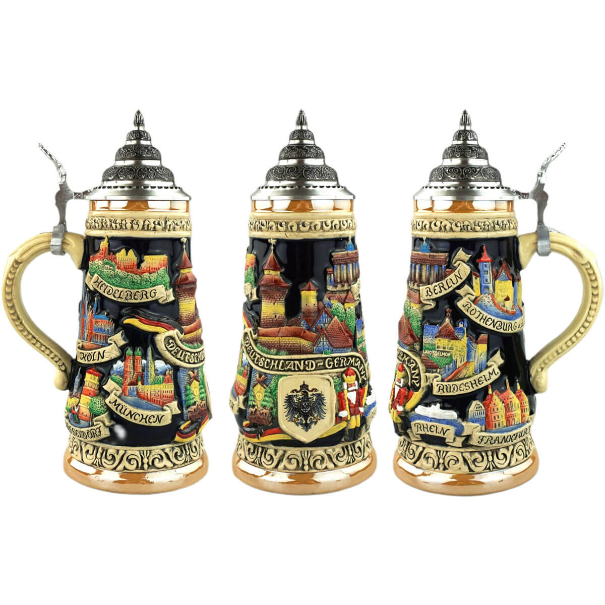 a dark colored King Beer stein with the Castle in nuremberg, an old German Eagle , a Cuckoo Clock and a Nutcracker colorful painted on the front. Pewter Lid on the top