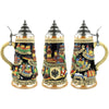 a dark colored King Beer stein with the Castle in nuremberg, an old German Eagle , a Cuckoo Clock and a Nutcracker colorful painted on the front. Pewter Lid on the top
