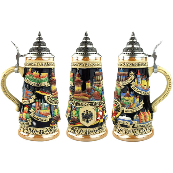 a dark colored King Beer stein with the Castle in nuremberg, an old German Eagle , a Cuckoo Clock and a Nutcracker colorful painted on the front. Pewter Lid on the top