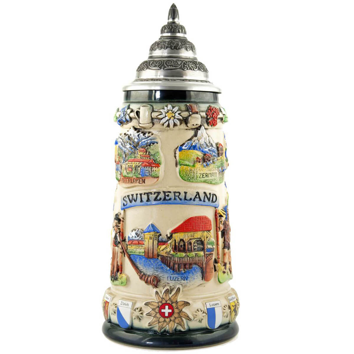 Green and beige Beer Stein with the landmarks of Switzerland. 
