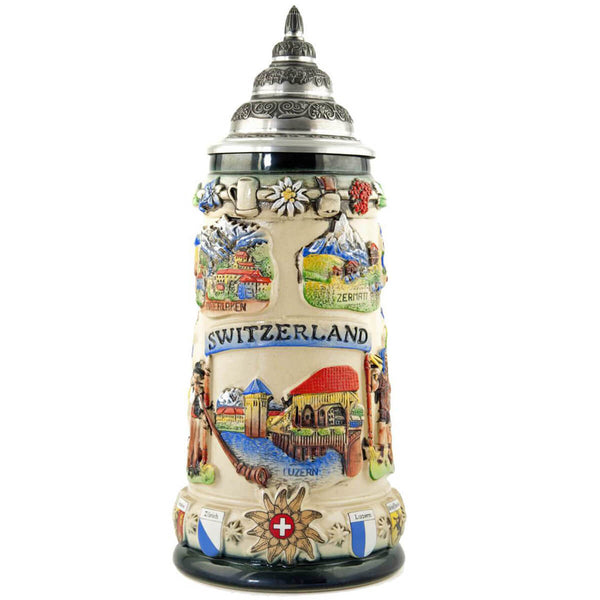 Green and beige Beer Stein with the landmarks of Switzerland. 