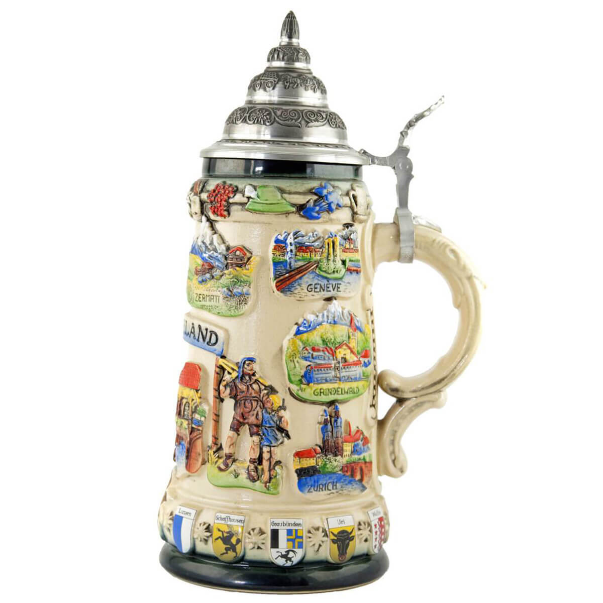 Beer Stein with the pictures of Zermatt, Genieve, Grindelwald and Zuerich.