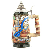 King beer stein with men rolling barrels, underneath the Alps and a beer wagon pulled by horses. A nice detail is the handle that looks like Beer Kegs.