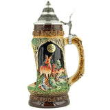 Side of a King Beer Stein with three deer in a wooded area. The brown and green tones of the Mug underline the nature scenes
