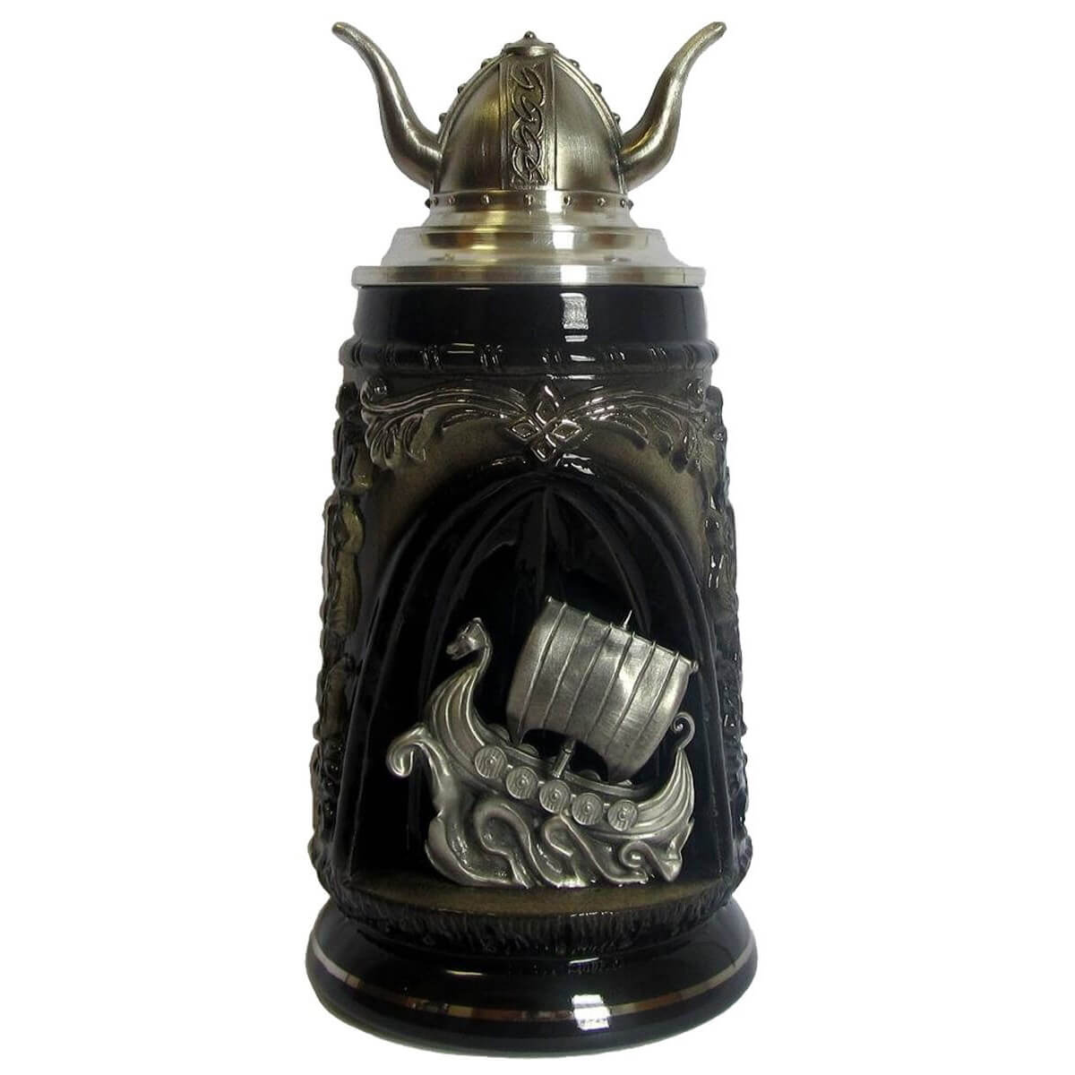 this Beer stein is all about Vikings. The Viking ship made out of real pewter in a grotto in the center and a pewter lid that looks like the helmet of a Viking are highlighted by the dark color of the Stein