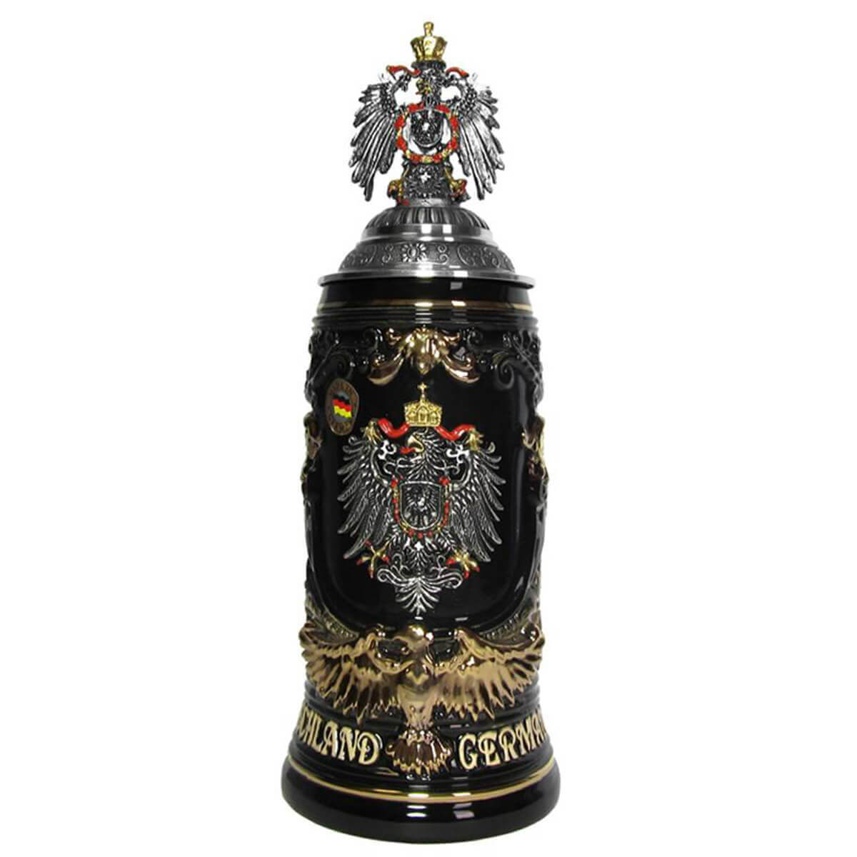 KING Beer Stein with a German Eagle incorporated on the front in pewter with an additional pewter Eagle on the lid of the Beer Mug. At the bottom rim is an inscription with 
