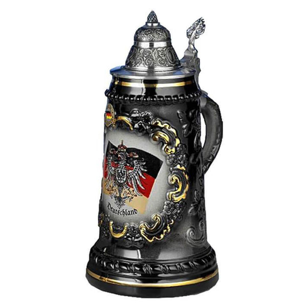 medium King Beer stein with German flag and Eagle in the center framed with 24K Gold Accents. With pewter lid.