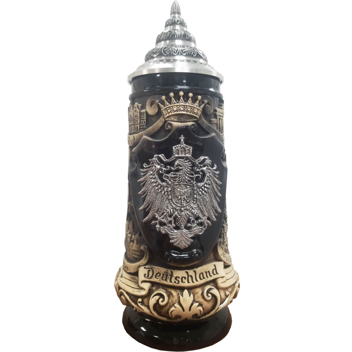 Elegant Beer Stein with black background and bright motifs. A German pewter Eagle with a crown above and the word 
