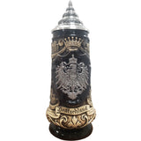 Elegant Beer Stein with black background and bright motifs. A German pewter Eagle with a crown above and the word "Deutschland" is in the middle of the front,