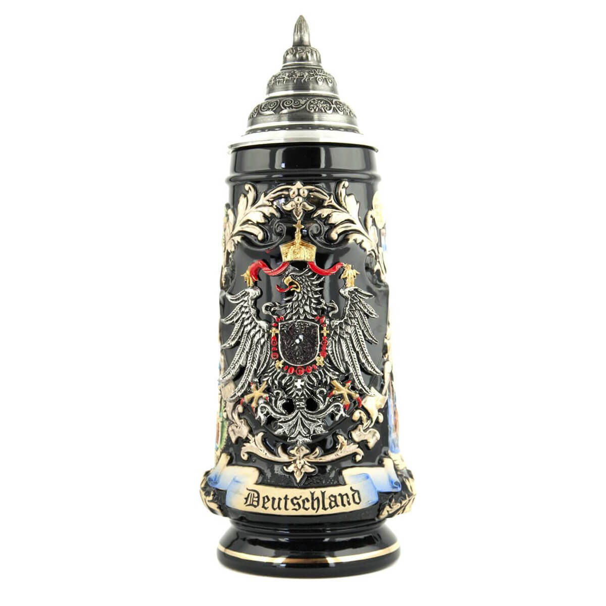 KING Beer Stein with Imperial Eagle made of pewter and a pewter lid. The black background color makes the Eagle and the Deutschland Banner stand out.