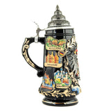 On this Side of the black Beer Stein are the Images of Famous Landmarks in Germany in bright colors. So you can see, among other things, the Heidelberg Castle, Roemer in Frankfurt and the Neuschwanstein Castle