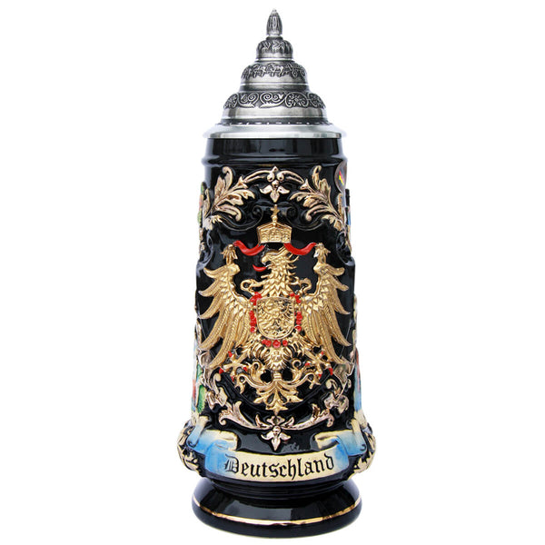 Imposing black Beer Stein with a red/golden pewter eagle and a banner inscribed with Deutschland (Germany)