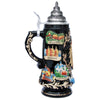 Imposing black Beer Stein with German landmarks/cities set against a black background including Neuschwanstein Castle, cities of Rothenburg, Heidelberg, Frankfurt.