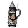 Imposing black Beer Stein with German landmarks/cities set against a black background including Berlin, Munich, Cologne and St. Goar.