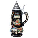 Imposing black Beer Stein with German landmarks/cities set against a black background including Berlin, Munich, Cologne and St. Goar.