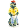 King beer stein in the form of a golfing aligator dressed with a typical golfer outfit. He wears a red cap, mirrored sunglasses and a gold watch. With a cigar in his mouth he is focused on the target and ready to tee off.