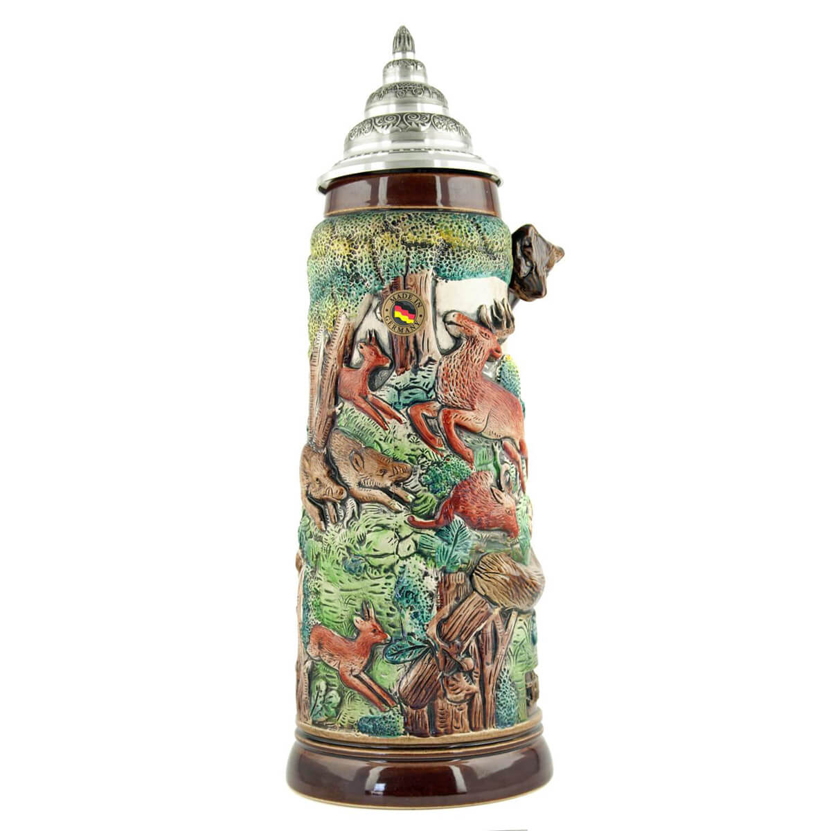 German beer mug decorated with hunting scenes. The detailed handle in the shape of a fox is striking.