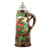 Beer mug with a stag running through the forest. The handle in the shape of a fox looks like it is winding out of one of the trees.