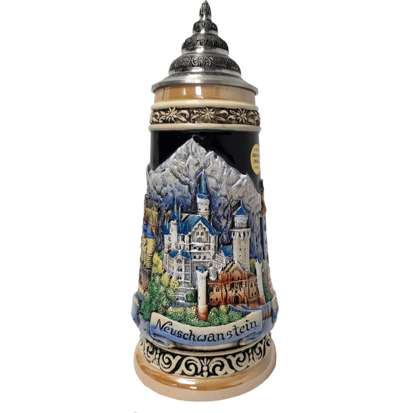 Beer Stein with the view of the enchanting castle of Neuschwanstein in front of the Alps